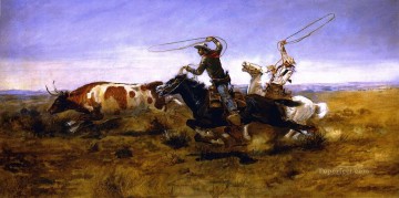 two boys singing Painting - oh cowboys roping a steer 1892 Charles Marion Russell
